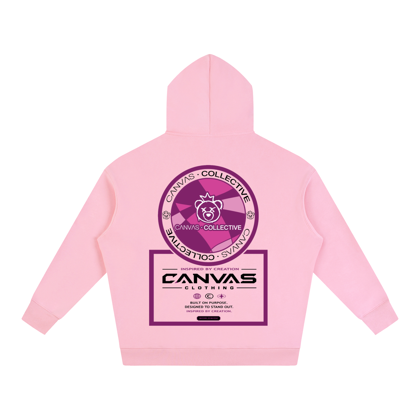 Pink hoodie with Canvas Collective logo on a white background