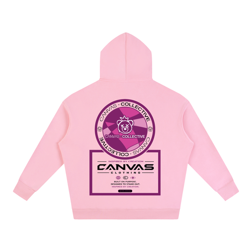Pink hoodie with Canvas Collective logo on a white background